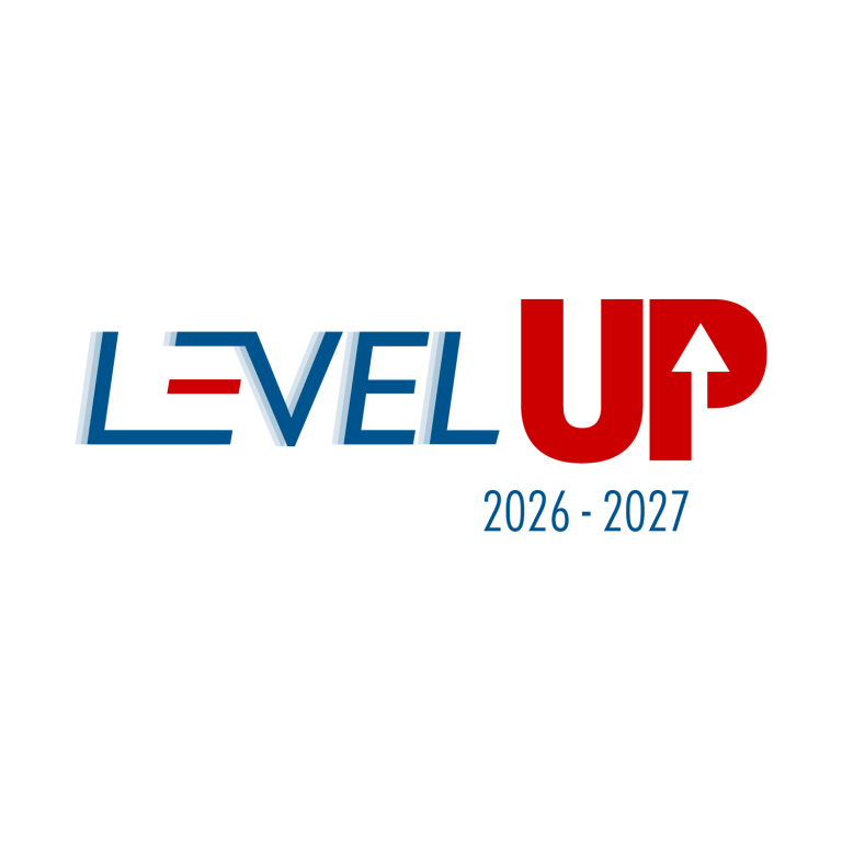 A logo for "LEVEL UP 2026-2027" featuring bold blue and red text with an upward arrow integrated into the letter "P".